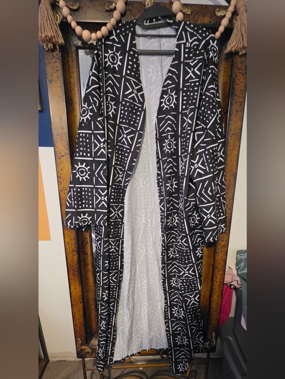 SHEIN Black & White Geometric Print Long Duster Coat